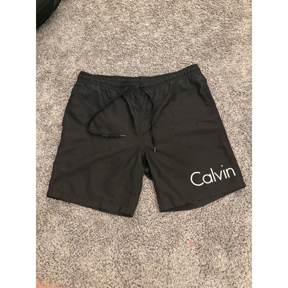 Calvin Klein Mens Swim Trunks Black Logo Graphic Mesh Lined Shorts Large